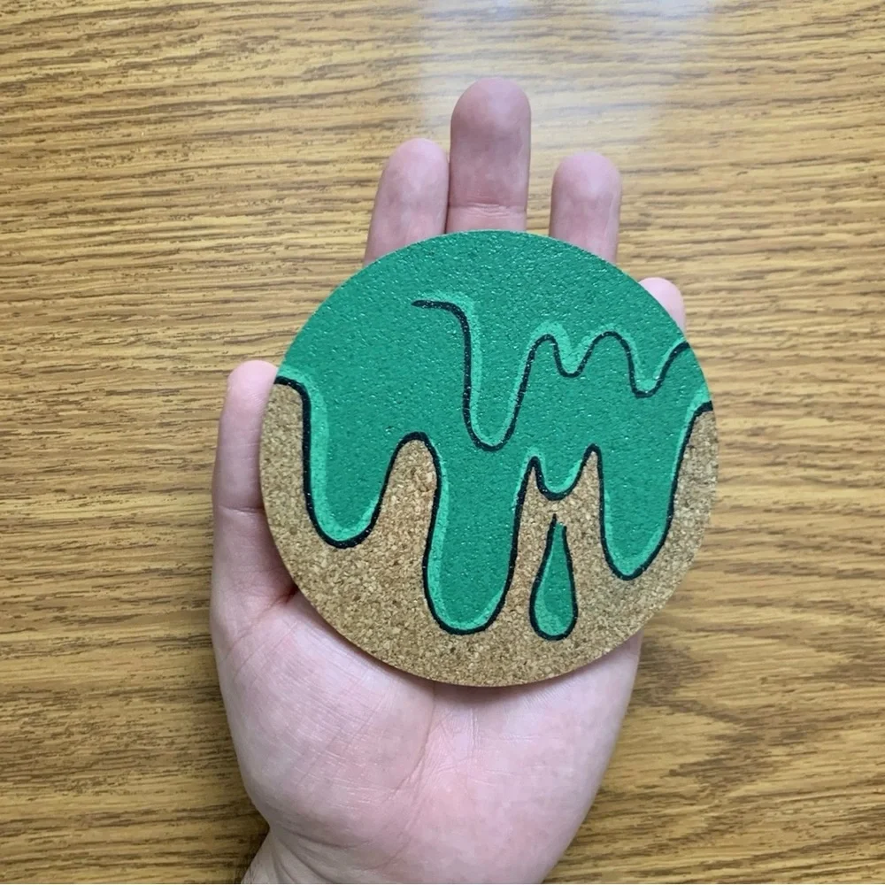 Green Grime Drip Painted Cork Coaster